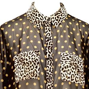INC NEW leopard print and b/w polka dots blouse long sleeve collar sheer L